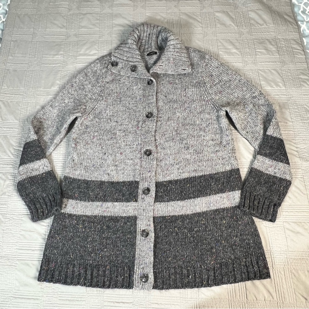 Talbots Wool Blend Cardigan Gray Speckled Oversized Button Up Stripe Womens XL